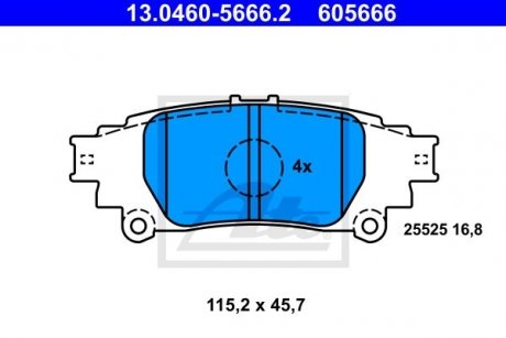 Колодки гальмівні (задні) Toyota Highlander 14-/Prius 08-/Lexus GS 12-/RC 14-/RX 08-15 ATE 13046056662