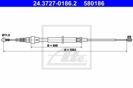 Трос ручника (задній) VW Touran 03-10 (1563mm) ATE 24.3727-0186.2