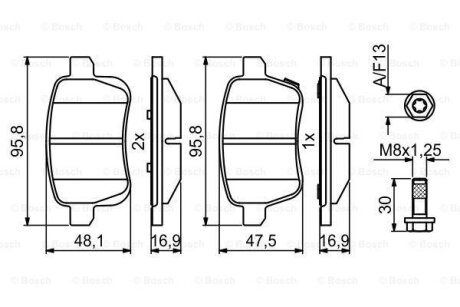 Колодки гальмівні (задні) Fiat 500L 13-/Tipo 15-/Opel Corsa E 14- (з болтами) BOSCH 0986494825