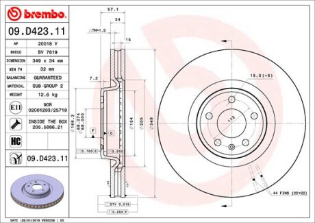 Гальмівний диск пер. (к-кт 2 шт) Audi A4 15- BREMBO 09.D423.11