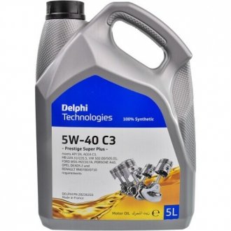 Олива 5W40 Prestige Super Plus C3 (5L) (RN0700/RN0710/VW 502.00/505.01/MB 229.31/MB226.5/Porsche A40/GM Dexos 2/Ford M2C 917A) Delphi 28236316