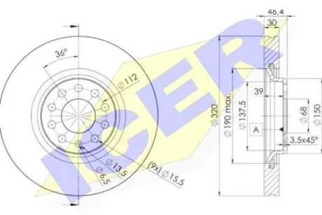 Диск гальмівний (передній) Audi A4/A6 97-09/Seat Exeo 08-13 (321x30) (з покриттям) (вент.) ICER 78BD3615-2