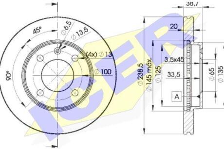 Диск гальмівний (передній) VW Golf 76-99/Passat 81-88/Polo 95-01/Seat Ibiza 93-(239x20)(з покр)(вент) ICER 78BD3975-2 (фото 1)