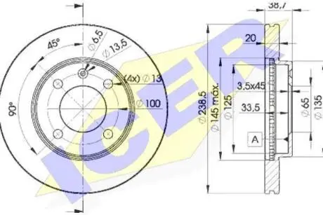 Диск гальмівний (передній) VW Golf 76-99/Passat 81-88/Polo 95-01/Seat Ibiza 93-(239x20)(з покр)(вент) ICER 78BD3975-2