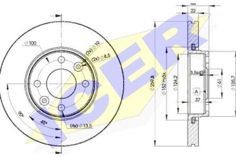 Диск гальмівний (передній) Renault Clio 05-14/Megane 99-/Nissan Note 06-12 (260x22)(з покр.)(вентил.) ICER 78BD7795-2