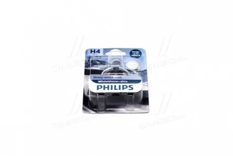 Лампа розжарювання H4 12V 60/55W WhiteVision ULTRA +60 (4200K) (1шт) PHILIPS 12342WVUB1