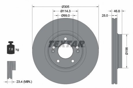 Диск гальмівний (передній) Hyundai Tucson/ I30/ Kia Ceed/Sportage 15- (305x25) PRO+ TEXTAR 92292205