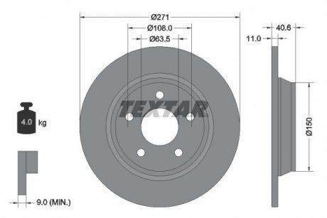 Диск тормозной (задний) Ford Focus 18-(271x11) PRO TEXTAR 92303503 (фото 1)