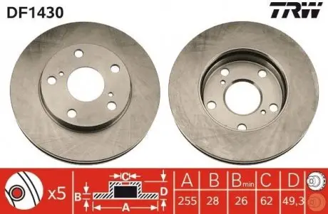 Диск гальмівний передній Лев/Правий TOYOTA CAMRY, GAIA, PICNIC 2.0-3.0 TRW DF1430