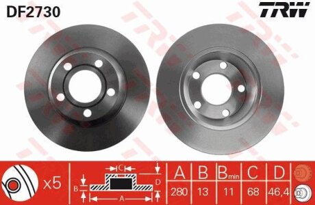 Диск тормозной передний Лив/Правый AUDI A4 B5 1.6/1.8/1.9D 11.94-09.01 TRW DF2730