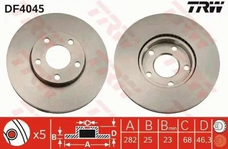 Диск тормозной передний Лив/Правый FORD USA FUSION ; VW PASSAT B5, PASSAT B5.5 1.6-2.8 08.96-08.13 TRW DF4045