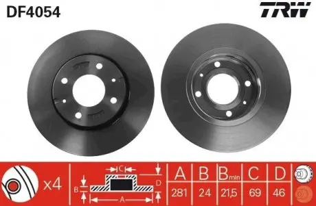 Диск тормозной передний лев/прав VOLVO S40 I, S40 II, V40; MITSUBISHI CARISMA 1.3-2.0D 05.95-12.10 TRW DF4054