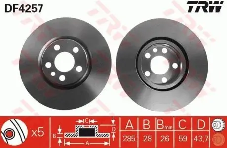 Диск тормозной (передний) Citroen Jumpy/Fiat Scudo 95-06/Peugeot 807 02-(285x28) TRW DF4257