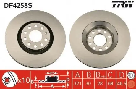 Диск гальмівний (передній) Audi A4/A6 97-08 TRW DF4258S