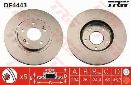 Диск тормозной передний Лив/Правый DODGE CALIBER; HYUNDAI SANTA FÉ I, TUCSON; KIA SPORTAGE II; MITSUBISHI OUTLANDER II 1.8-2.7 02.01-11.12 TRW DF4443