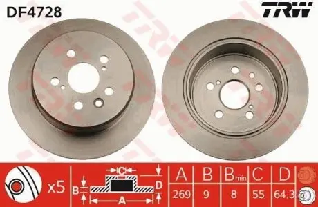 Диск тормозной задний Лев/Прав TOYOTA CALDINA, CARINA E VI, CELICA, CORONA 1.8/2.0 TRW DF4728