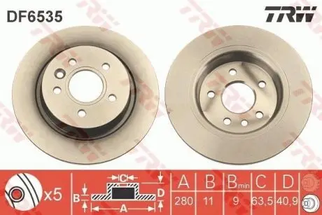 Диск гальмівний (задній) Ford C-max/Focus II/Volvo C30/C70/S40/V50 04-12/V40 12- TRW DF6535