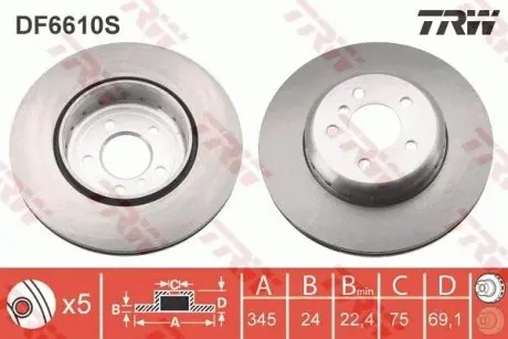 Диск гальмівний (задній) BMW 5 (F10/F11)/6 (F06/F13)/ 7 (F01-04) 09- (345x24) TRW DF6610S