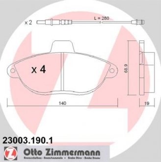 Колодки гальмівні (передні) Fiat Scudo/Peugeot Expert 96- (Bendix-Bosch)/(з датчиками) ZIMMERMANN 23003.190.1 (фото 1)