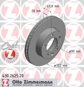 Диск тормозной (передний) Renault Master 10-(302x28) (с покрытием) (вентил.) ZIMMERMANN 430.2625.20