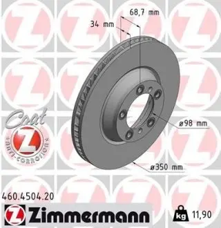 Диск тормозной (передний) Porsche Cayenne/Panamera 2.9/3.0/4.0 16-(L) (350x34) ZIMMERMANN 460450420