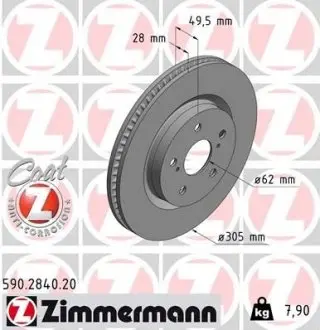 Диск тормозной (передний) Lexus ES/UX/Toyota Camry/Rav4 17-(305x28) ZIMMERMANN 590284020