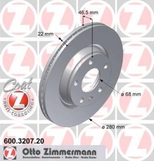 Диск тормозной (передний) VW Passat 96-00 (280x22) (с покрытием) (вентилированный) ZIMMERMANN 600.3207.20